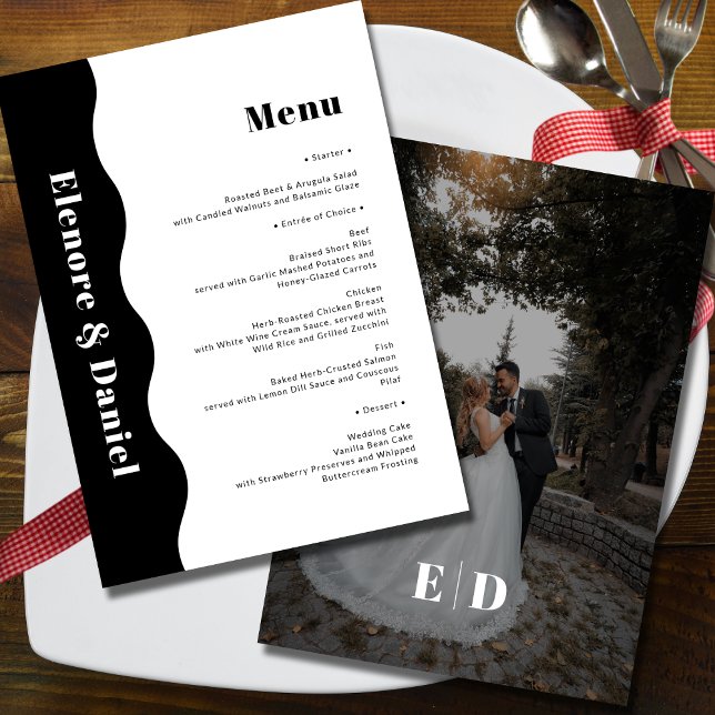 Menu Casamento de Fotografias de Ondas do Lado Negro e  (Elegant Black and White Side Wave Photo Wedding Menu)