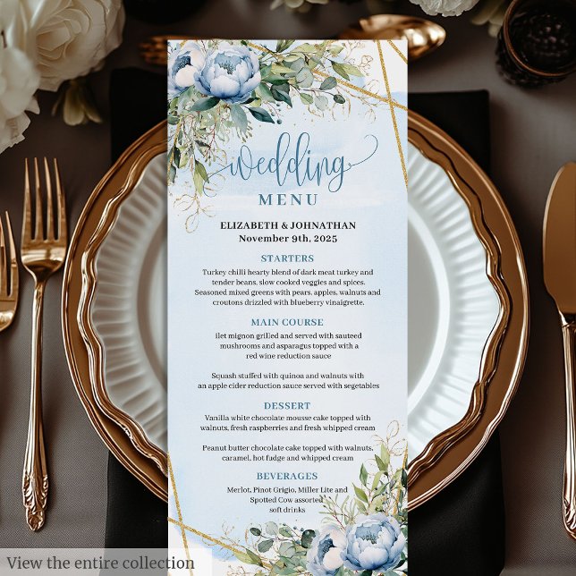 Menu Casamento de Frame de Leve Azul-Dourada com eterno (Timeless Dusty Blue Gold Glitter Frame Wedding Menu)
