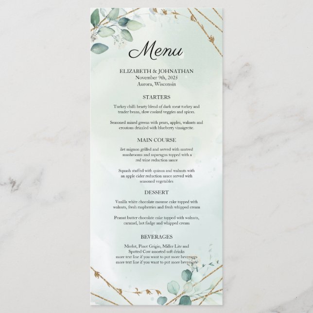 Menu Casamento de Frame Geométrico Dourado Foliage Gree (Frente)