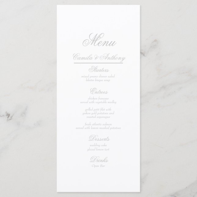 Menu Casamento de Fronteira Floral de Prata (Frente)