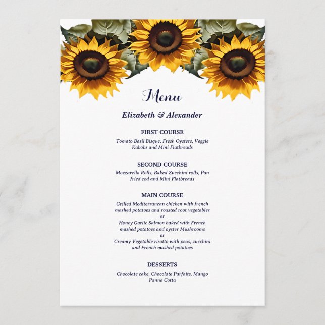 Menu Casamento de girassóis amarelos bonitos (Frente)