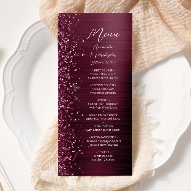 Menu Casamento de Glam Burgundy Glitter Brugado Metal (Criador carregado)