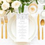Menu Casamento de Glamor de Silver e White Vintage<br><div class="desc">O cartão de menu de janto de casamento inspirado na Elegante vintage apresenta um design decorativo de ornamentado com uma aparência de cinza/cintilador de platina metálico e texto personalizado de cinza.</div>