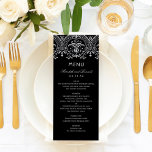 Menu Casamento de Glamor do Elegante Black and Silver V<br><div class="desc">O cartão de menu de janto de casamento inspirado na Elegante vintage apresenta um design decorativo de ornamentado com uma aparência de cinza/cintilador de platina metálico e texto personalizado de cinza.</div>