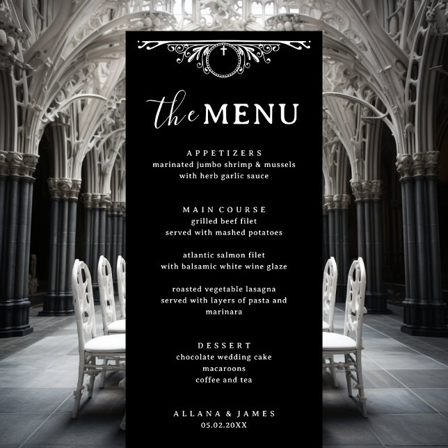 Menu Casamento de Gótico Branco e Negro Elegante (Criador carregado)
