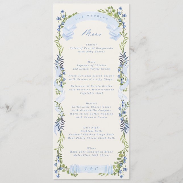 Menu casamento de grinalda de crista de jardim azul e v (Frente)