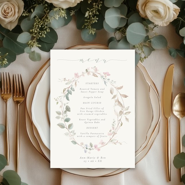 Menu Casamento de Grinalda Floral Cor-de-Rosa Delicado  (Criador carregado)