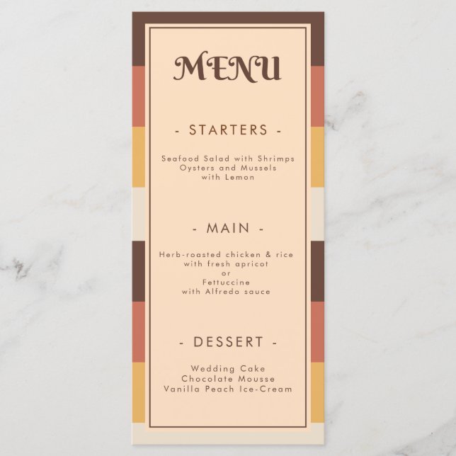 Menu Casamento de Groovy Anos setenta com distribuição  (Frente)