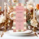 Menu Casamento de Groovy com Negrito e Retro<br><div class="desc">Este ousado menu de casamento abraça um tema de entalhe dos anos 70, com florais vibrantes e um padrão retrorreflector na frente e no verso, e espaço para você adicionar seus próprios detalhes de menu e iniciais. Este design é perfeito para casais que amam o encanto da vintagem com uma...</div>