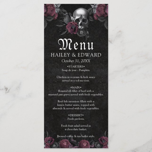 Menu Casamento de Halloween de Burgundy Gótica (Frente)