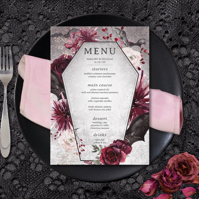 Menu Casamento de Halloween Rustic Black & Burgundy (Rustic Gothic Black & Burgundy Halloween Wedding Menu)