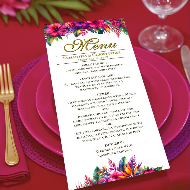 Menu Casamento de Hibiscus Colorido Colorido Rosa Tropi (Criador carregado)