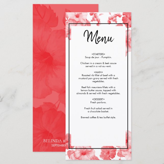 Menu Casamento de Hibiscus Watercolor Elegante (Frente/Verso)