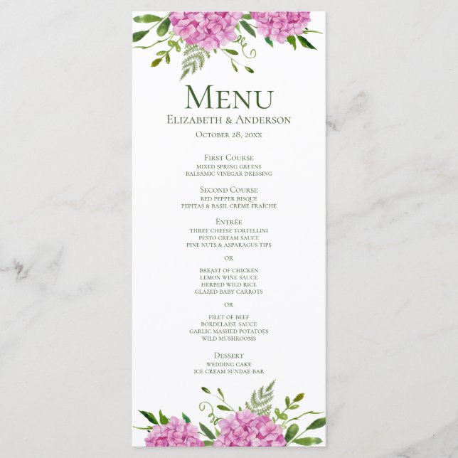 Menu Casamento de Hortênsias Rosa (Frente)