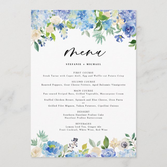Menu Casamento de Hydrangea Blue Watercolor (Frente)