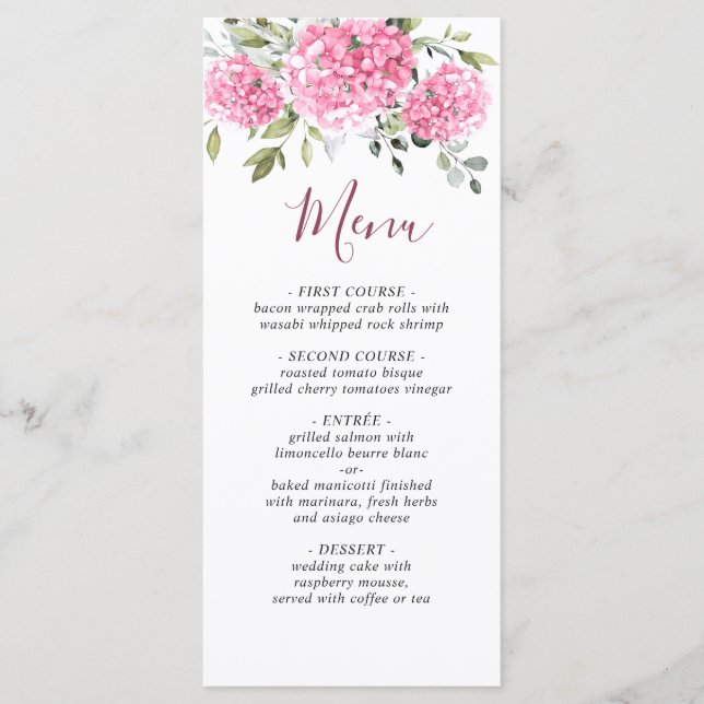 Menu Casamento de Hydrangea com Blush, Cor de Água Eleg (Frente)
