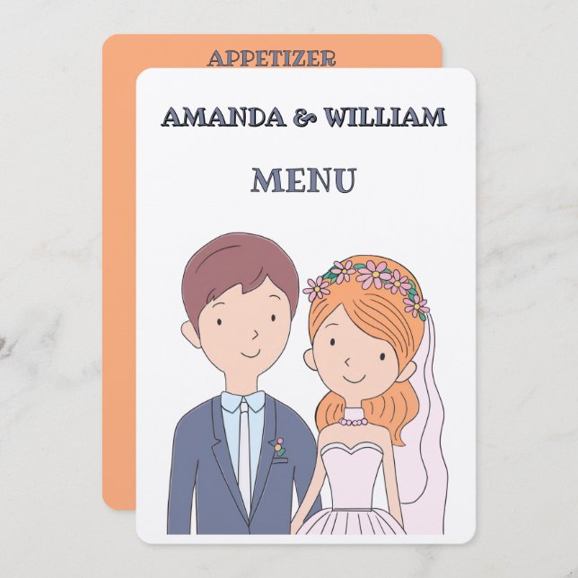 Menu Casamento de Ilustração Simples e De Cartoon-Iike (Frente/Verso)