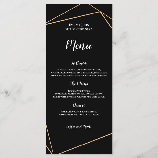 Menu Casamento de imagens geométricas Douradas e Pretas (Frente)