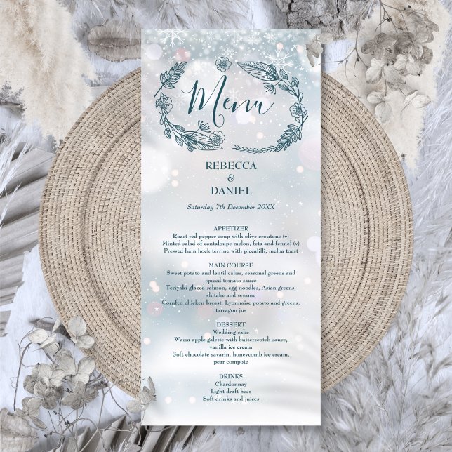 Menu Casamento de Inverno com Flocos de Neve e Florais  (Rustic Floral Snowflakes Winter Wedding Menu)