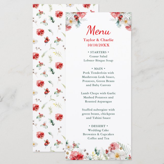 Menu Casamento de Inverno com Flora Elegante e Vegetaçã (Frente/Verso)