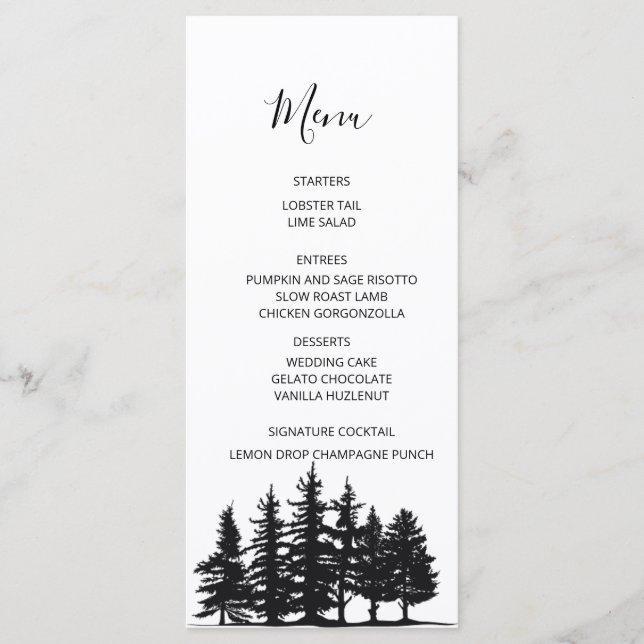 Menu Casamento de Inverno com Pinheiros Preto e Branco (Frente)