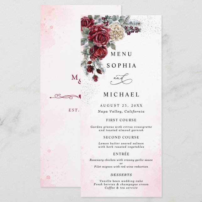 Menu Casamento de Inverno com Rosas Congeladas (Frente/Verso)