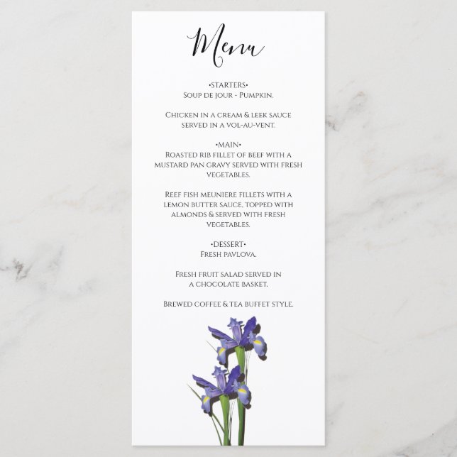 Menu Casamento de Íris Roxo Elegante (Frente)