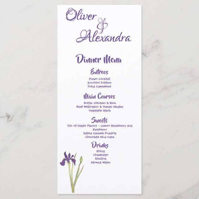Menu Casamento de Iris Watercolor Roxo e Dourado (Frente)