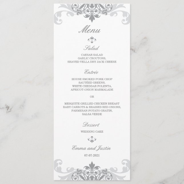 Menu Casamento de Ironworks Elegante de Cinzas de Prata (Frente)