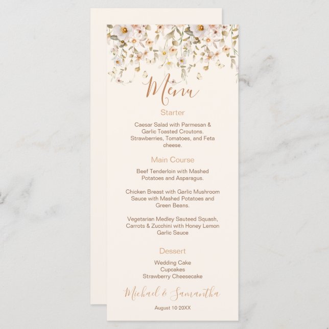 Menu Casamento de Ivory e Blush Wildflower (Frente/Verso)