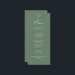 Menu Casamento De Janto Do Jardim Boho Elegante Verde E<br><div class="desc">Elegante Menu de Casamento Verde e Minimalista Dourado Um rico elegante, um menu de janto de casamento de ouro clássico e chic verde. Isso mostra uma folha de ouro rustica de eucalipto e esmeralda verde, com nomes de marido e mulher e data. Em tipografia de guiões dourados. Personalize-o clicando no...</div>
