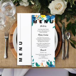 Menu Casamento de Jardim Floral Azul e Amarelo Elegante