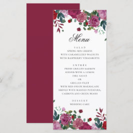 Menu Casamento de jardim floral roxo burgundy. Rosas am
