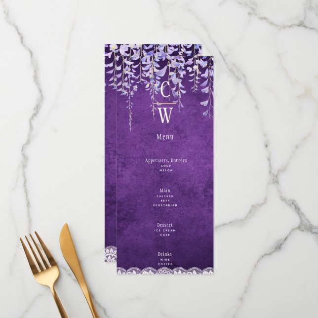 Menu Casamento de Lace de Wisteria Roxo Moderno (Frente/Verso In Situ)