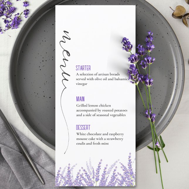 Menu Casamento de Lavanda de Aquarela de Caligrafia Ele (Elegant Calligraphy Lavender floral Wedding Menu)
