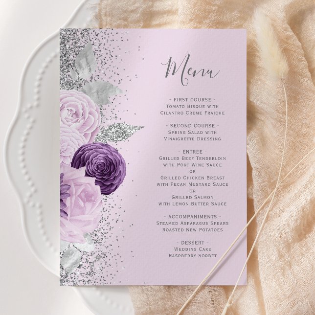 Menu Casamento de Lavanda de Prata Roxo Floral (Criador carregado)