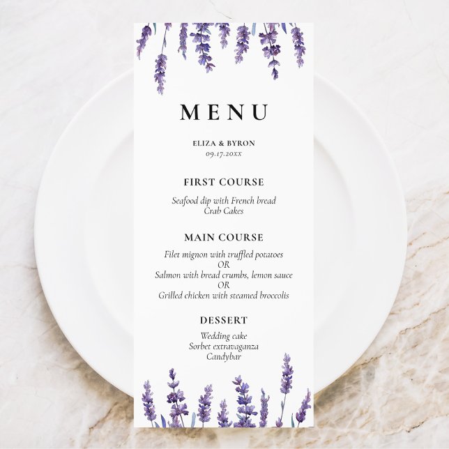 Menu Casamento de lavanda floral elegante (Criador carregado)
