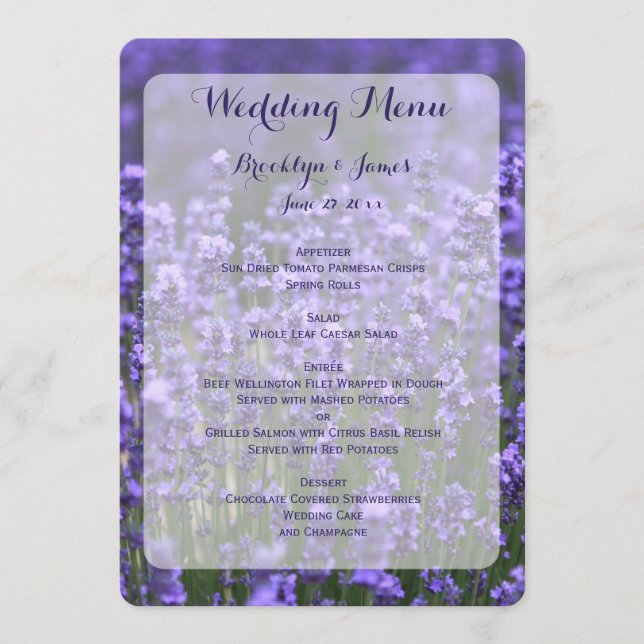 Menu Casamento de Lavanda Púrpura Personalizado (Frente)