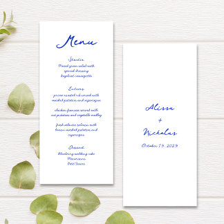 Menu Casamento de Letra Azul Moderno com Escrita Manual