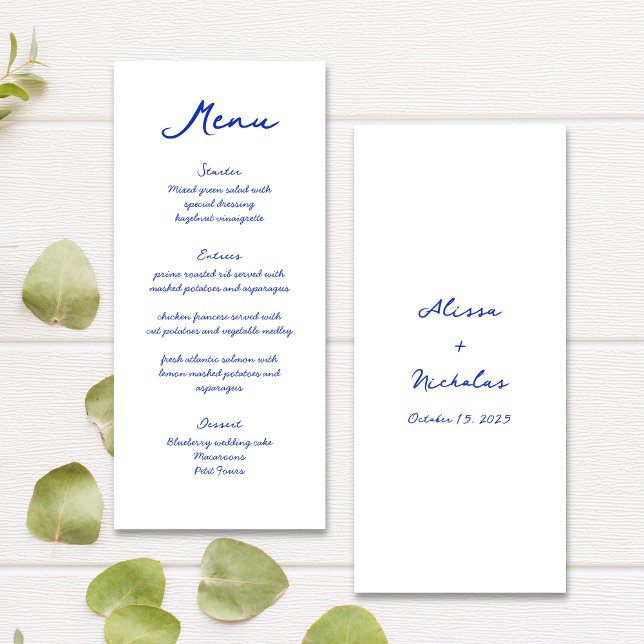 Menu Casamento de Letra Azul Moderno com Escrita Manual (Criador carregado)