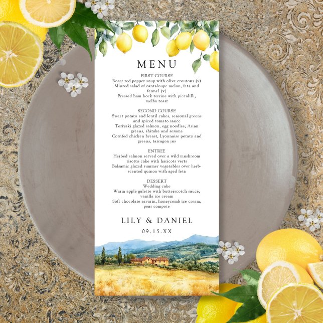 Menu Casamento de Limões de Aquarela Toscana Itália (Watercolor Lemons Tuscany Italy Wedding Menu)