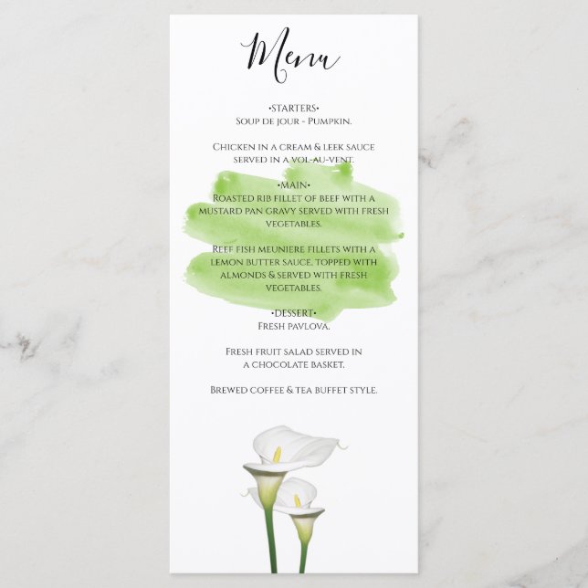 Menu Casamento de Lírios Calla Branco (Frente)