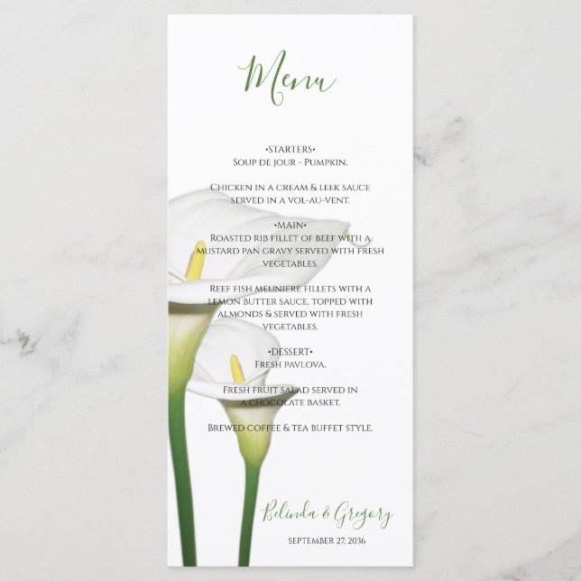 Menu Casamento de Lírios de Calla Branca Elegante (Frente)
