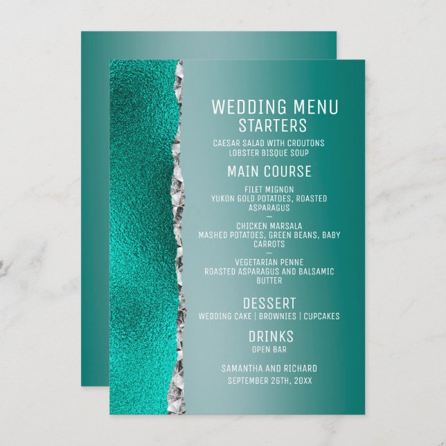 Menu Casamento De Lúpulo De Lúpulo Teal Turquoise Silve (Frente/Verso)