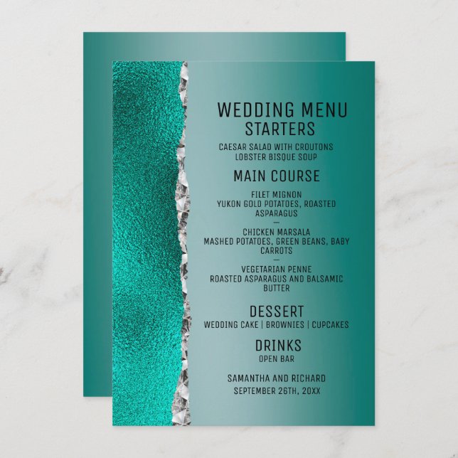 Menu Casamento De Lúpulo De Lúpulo Teal Turquoise Silve (Frente/Verso)