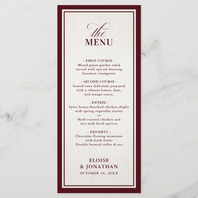 Menu Casamento de Luxo Burgundy Formal Moderno com Dinh (Frente)