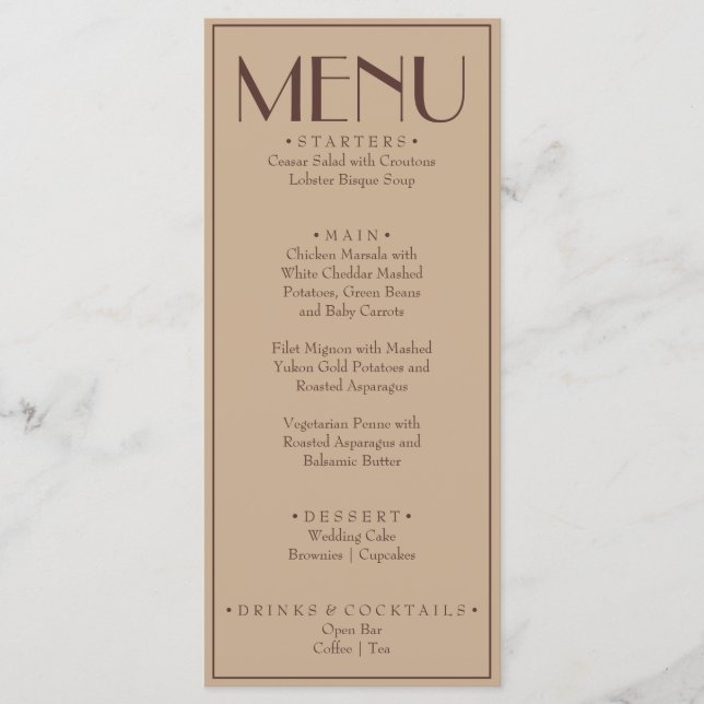 Menu Casamento de Luxo Café com Leite Beige Chique Anti (Frente)