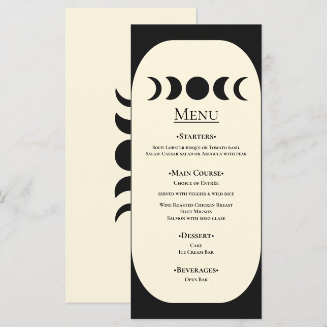 Menu Casamento de Luxo Lunar Negro e Lua de Creme (Frente/Verso)