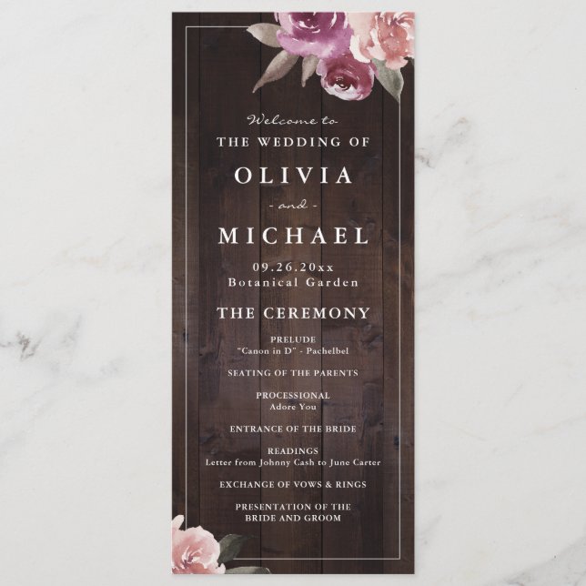 Menu Casamento de madeiras rústicas florais e de amora (Frente)