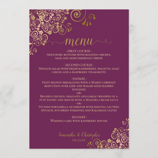 Menu Casamento de Magenta Plum com Cachorros e Sujeiras (Frente)
